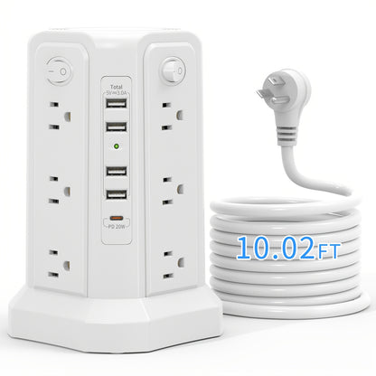 Tower Surge Protector with Night Light – 12 AC Outlets, 5 USB Ports (18W USB-C PD), 10.2FT Extension Cord, 1800J Surge Protection, 4-Zone Switch, Black