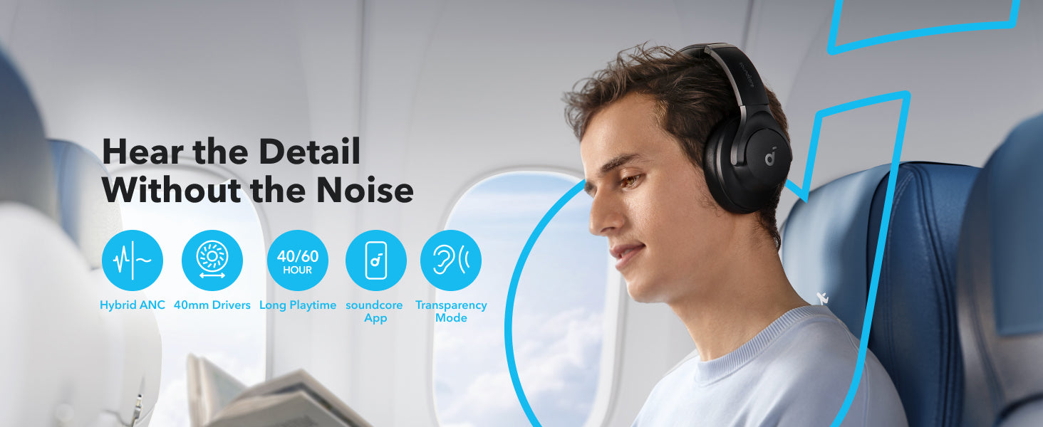 soundcore by Anker Q20i Hybrid Active Noise Cancelling Headphones, Wireless Over-Ear Bluetooth, 40H Long ANC Playtime, Hi-Res Audio, Big Bass, Customize via an App, Transparency Mode, Ideal for Travel (Renewed)