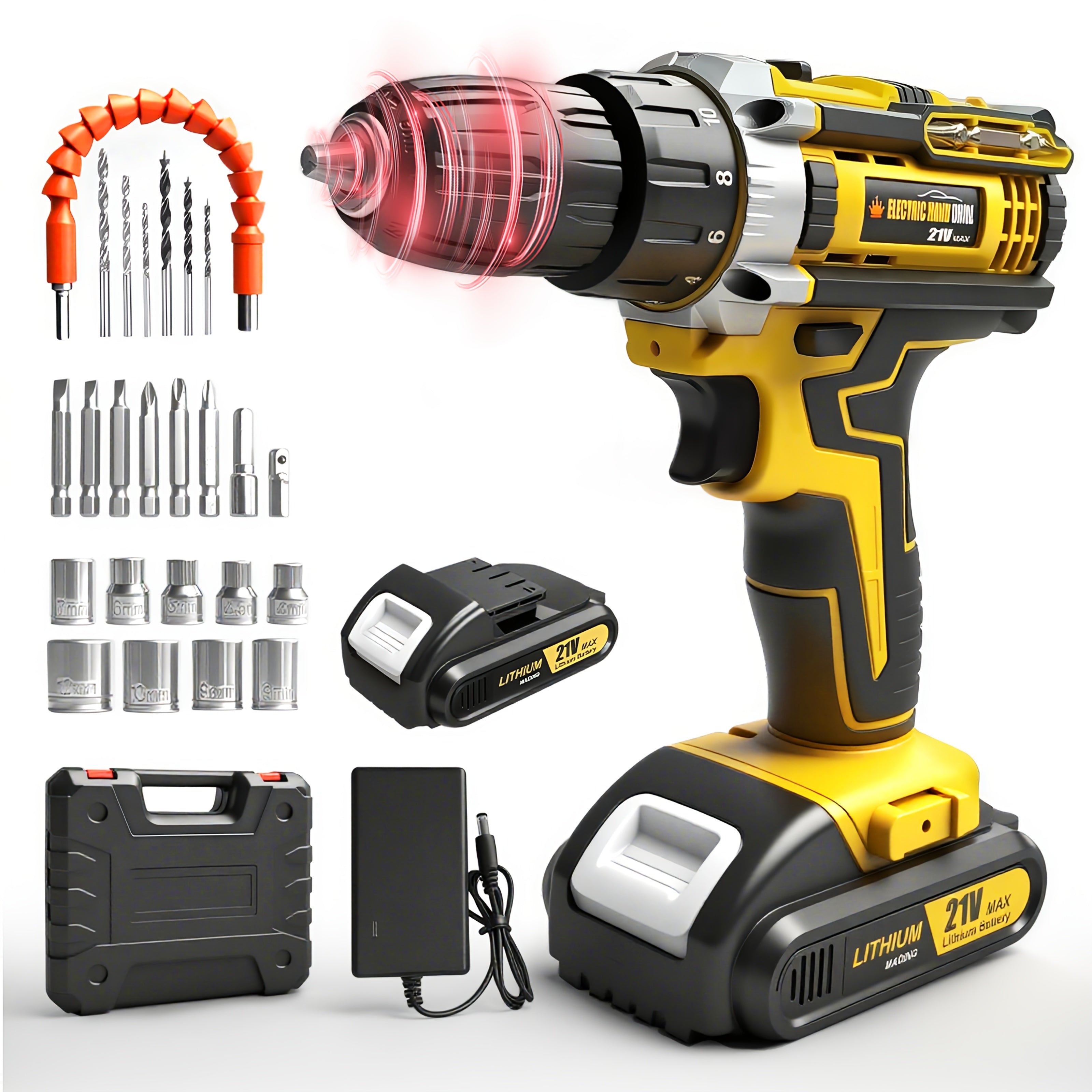 Lithium-Ion Cordless Drill Set with Battery & Charger – 3/8" Keyless Chuck, Variable Speed, 16-Position Clutch & 24 Drill Bits | Home & Automotive Power Tool | Red, Yellow or Blue | ShopVora CA