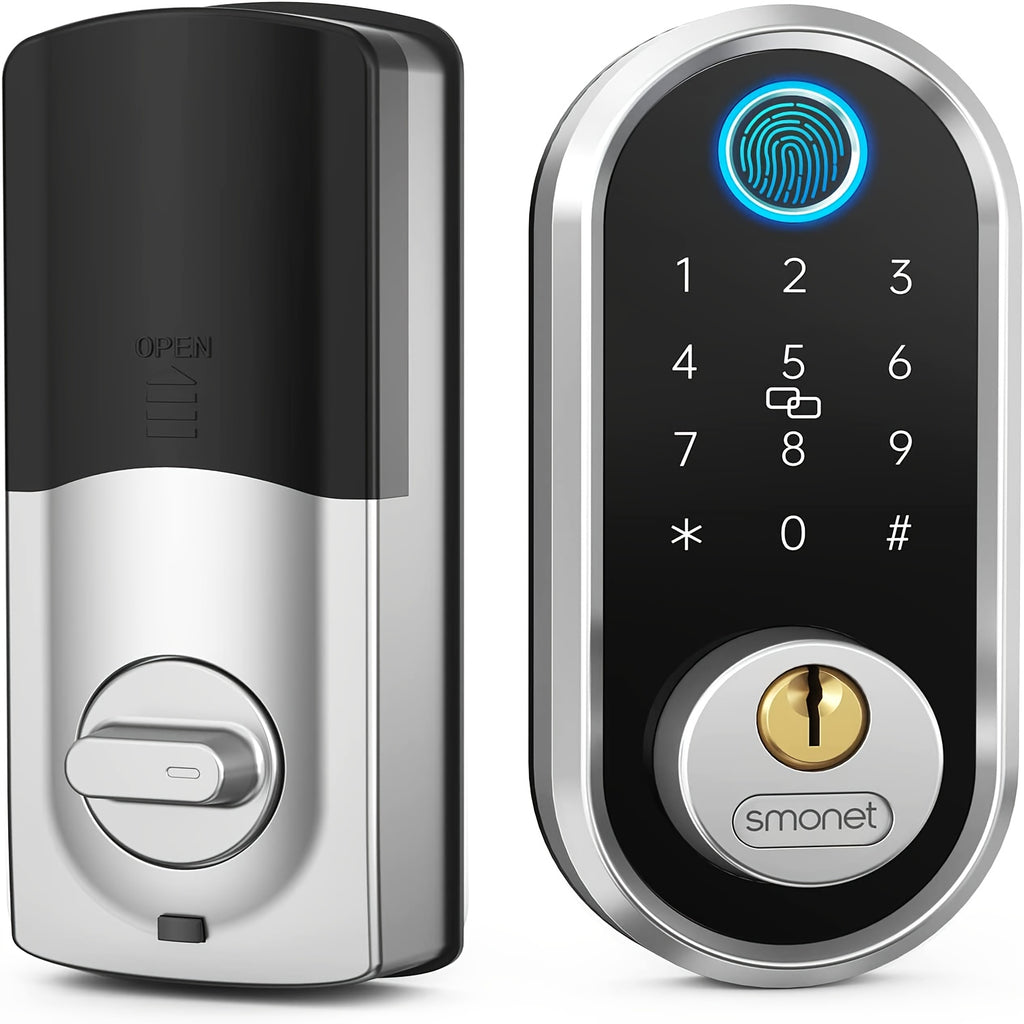 SMONET Smart Lock Front Door Lock Handle Set, Fingerprint Keyless Entry Digital Keypad Deadbolt Lock with Electronic Handle for Home Exterior Front Doors Auto Lock Wireless APP Control