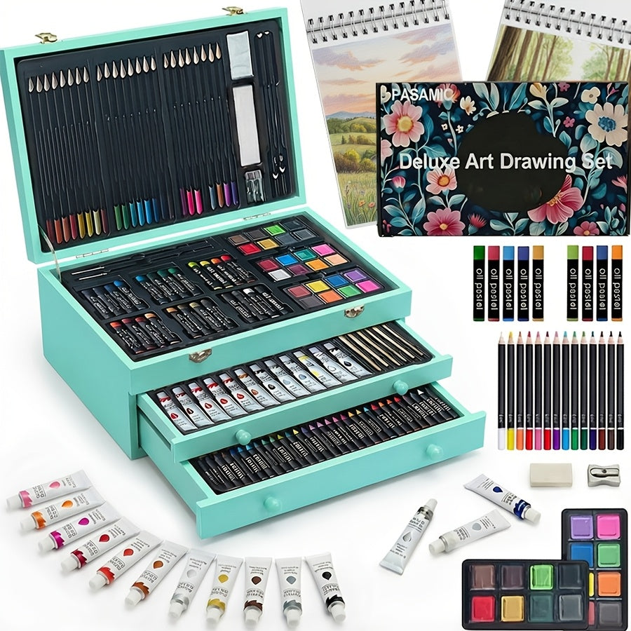 175pcs Deluxe Art Set in Wooden Case with 2 Drawing Pads, Crayons & Colored Pencils - Professional Art Kit for Kids, Teens, Adults & Artists, Girls Ages 8-12 Gift