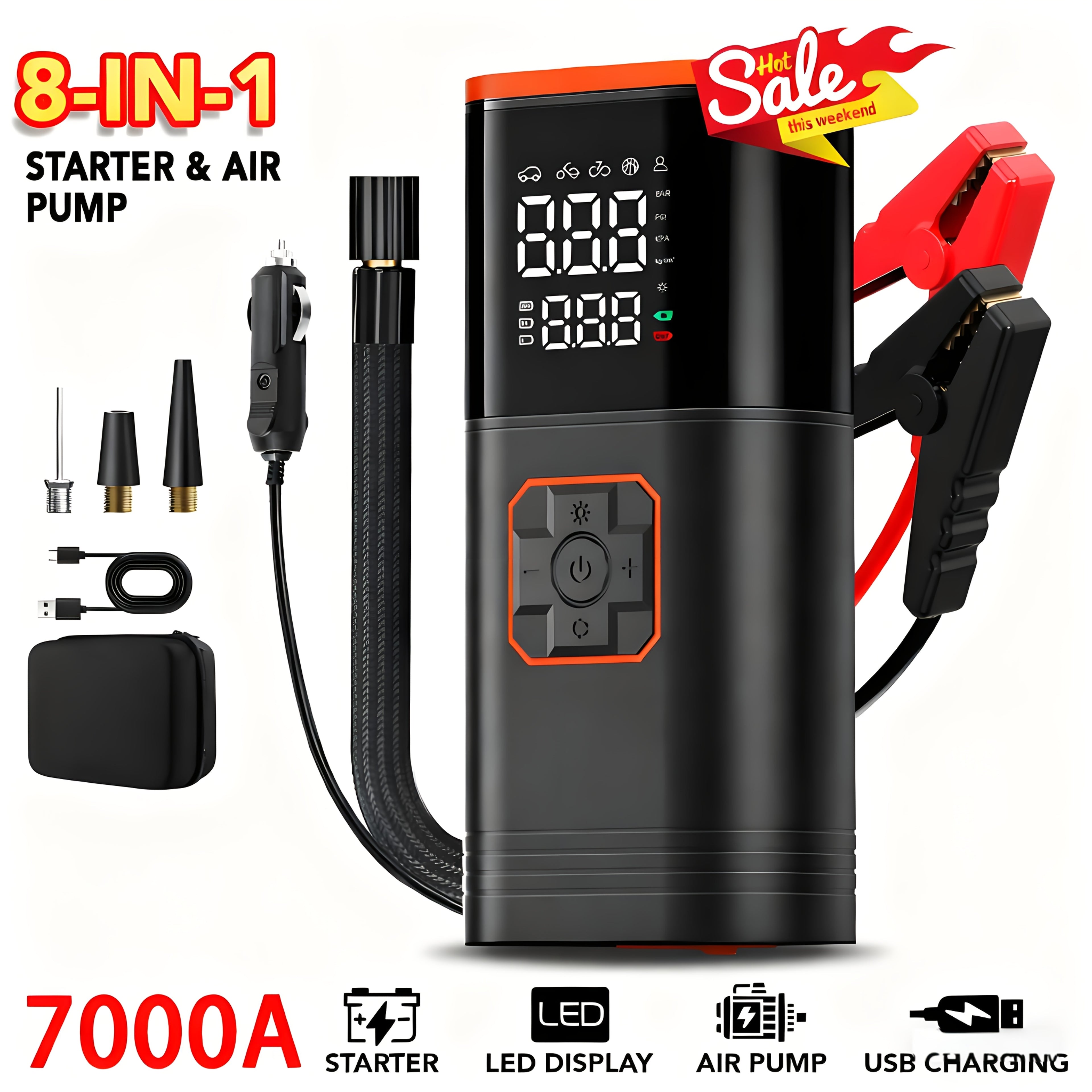 7000A Peak 12V Portable Emergency Jump Starter with Air Compressor, -C Fast, 12V Battery Charger, LED Light, Mobile Power Source, And Tire Inflator - 5-In-1 Multifunctional Emergency Power Unit, Plug Adapters, 24V/48V Input, 12V Output