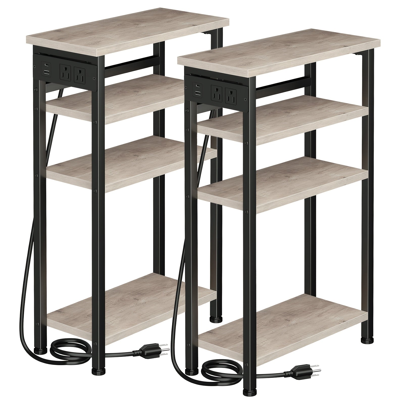 Narrow Side Table with Charging Station – 3 or 4 Tier, 2 USB + 2 Outlets, Small Space