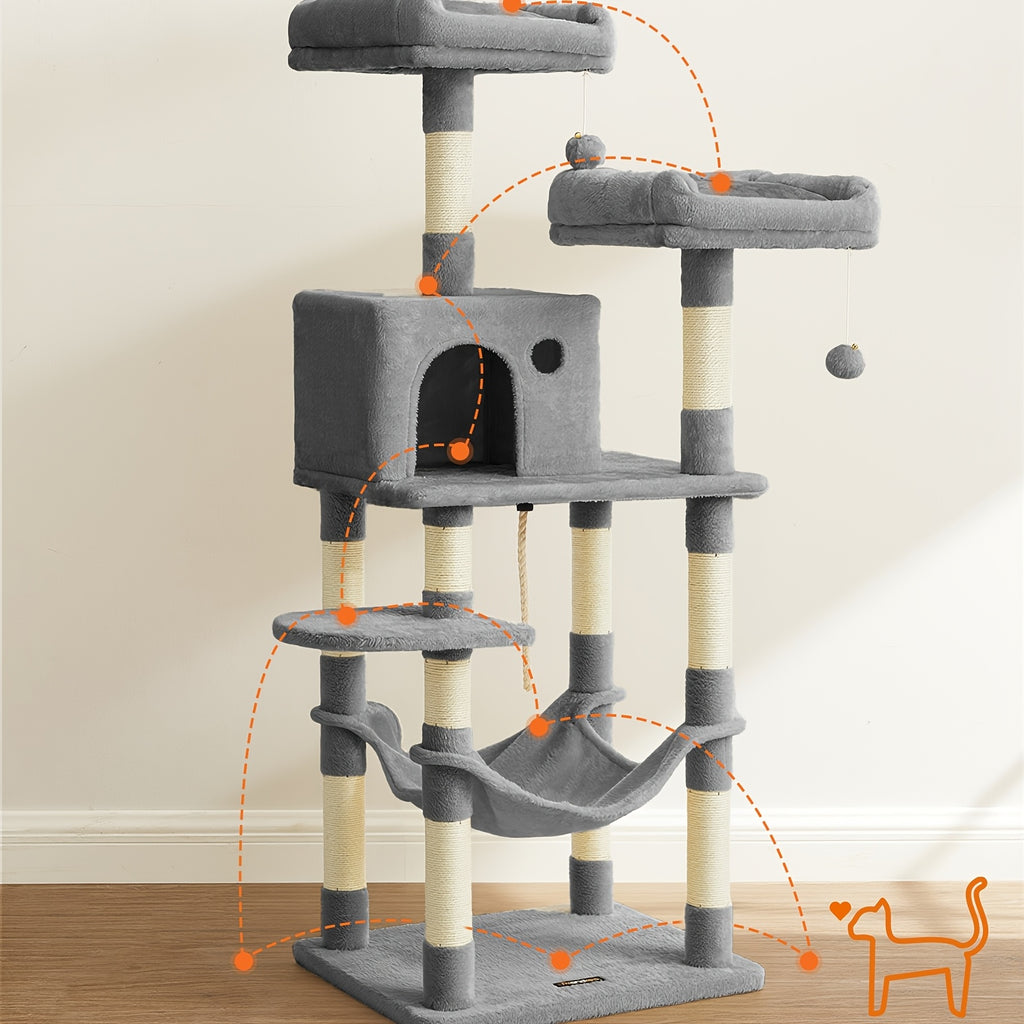 56.3 Inches Cat Tree Tower, Scratching Post Plush Perches Hammock Condo