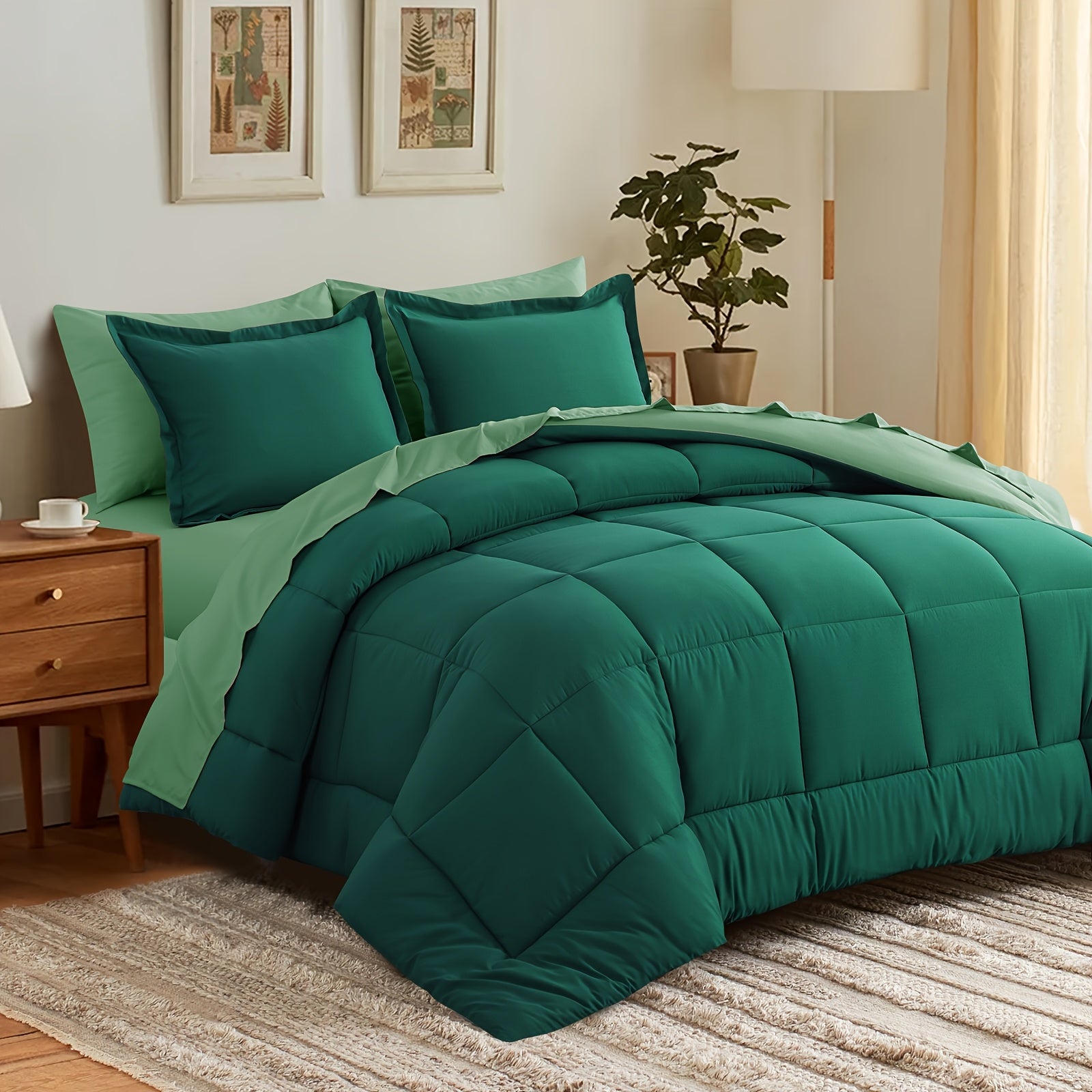 7pcs Reversible Bedding Set Soft Microfiber – Lightweight Breathable Comforter Flat Sheet Fitted Sheet & Pillowcases, All-Season Family Bedding Gift Set