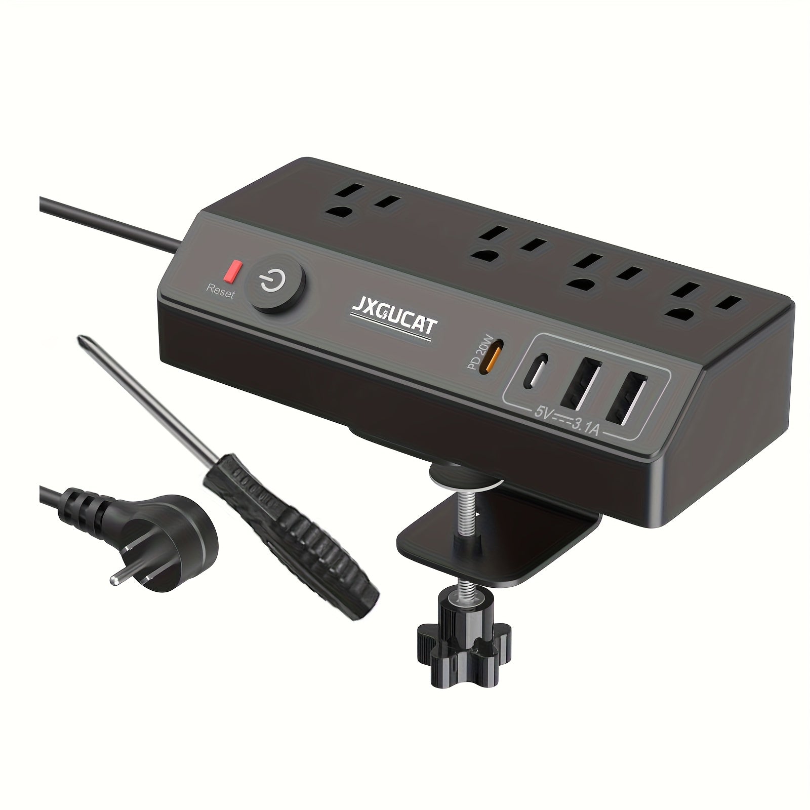 A Single Desk Clamp Power Strip Featuring USB-C, with 20W PD for Quick Charging, Designed to Be Removable And Serve As a Surge Protector. It Includes an 8.8-Foot Extension Cord with a Flat Plug, Offering 4 Outlets And 4 USB Ports
