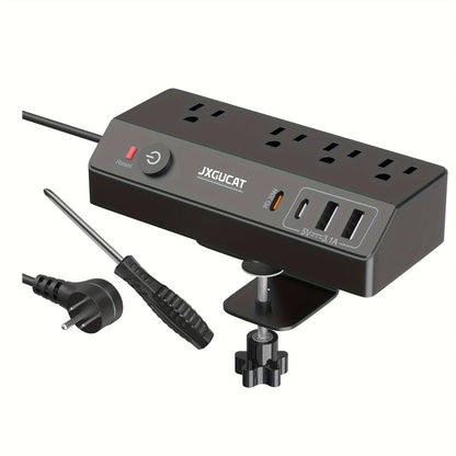 Desk Clamp Power Strip with USB-C 20W PD Fast Charging, 4 Outlets 4 USB Ports Surge Protector, 8.8Ft Flat Plug Extension Cord, Removable Desktop Charging Station