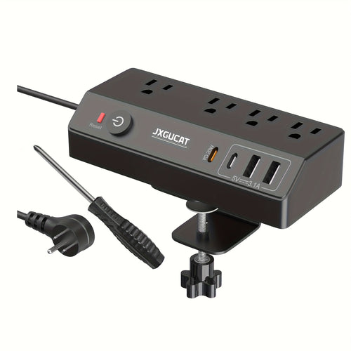 Desk Clamp Power Strip with USB-C 20W PD Fast Charging, 4 Outlets 4 USB Ports Surge Protector, 8.8Ft Flat Plug Extension Cord, Removable Desktop Charging Station