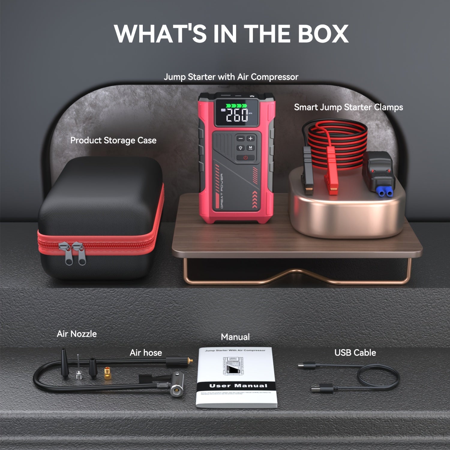 7000A Car Portable Wireless Car Air Compressor, Jump Starter With AirCompressor, Battery Jump StarterPortable Peak, Car Battery Charger Portable For12V(2.11gal Gas/1.72 gal Diesel) UsB Input/output, LED Emergency, Car Accessories Too