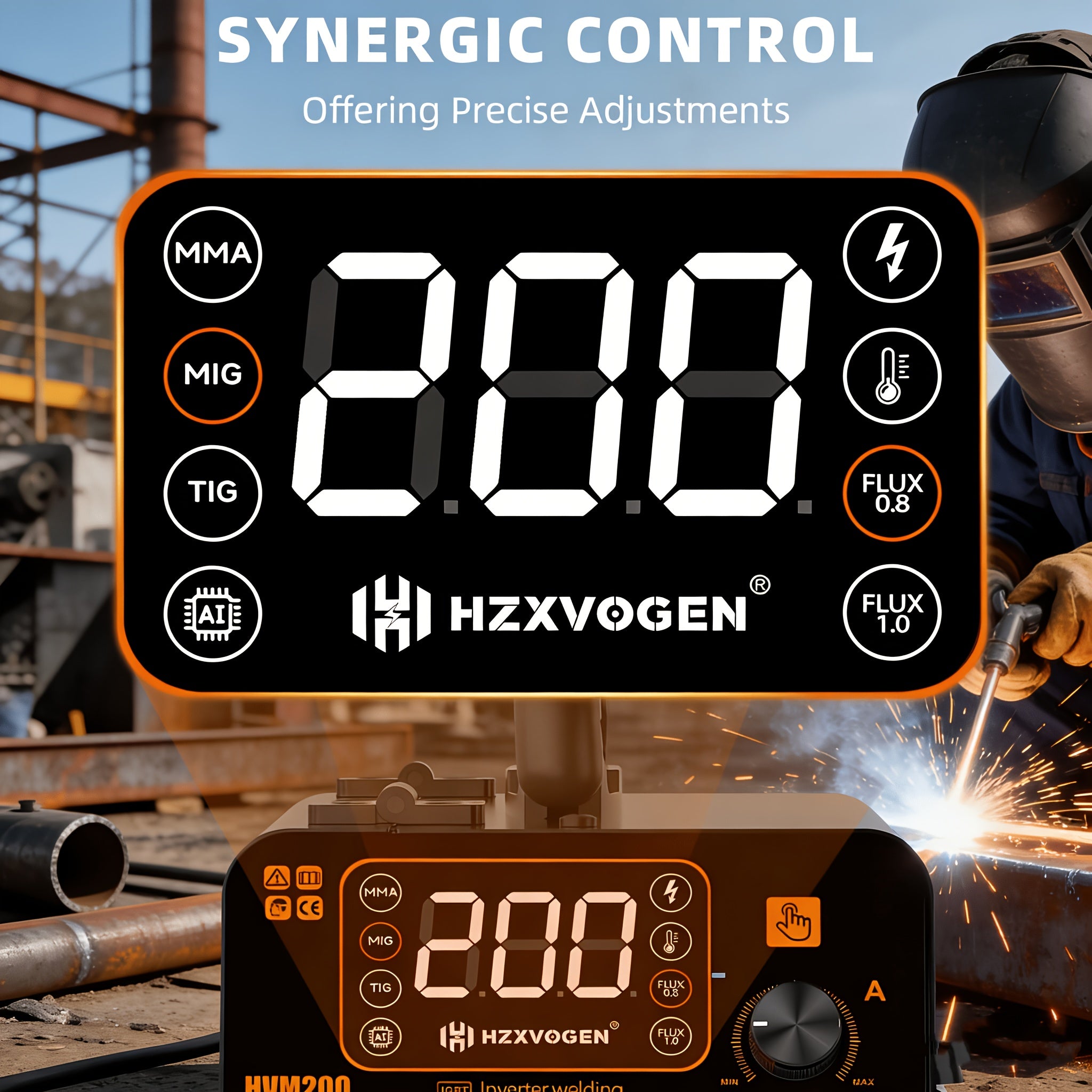 HZXVOGEN 200A MIG Welder 110V Welder 3 In 1 Gasless MIG Welder/Lift TIG/Stick Welding Machine Portable IGBT Inverter Automatic Welder Machine Large LED Display IP21S