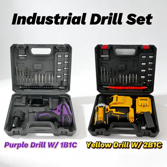 Industrial Drill Set: Purple (1B1C) OR Yellow (2B1C) | 12V Brushless Motor | 18+1 Precision Torque | 3/8" Metal Chuck | Line Maintenance/Steel Work | Long Runtime + Quick Swap