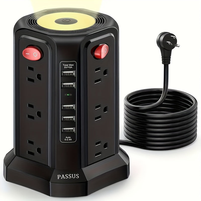 Tower Surge Protector Power Strip 17-in-1 – 8.8FT Extension Cord, 12 AC Outlets, 5 USB Ports with PD 18W USB-C, Surge Protection for Home Office Dorm & Business, Grey