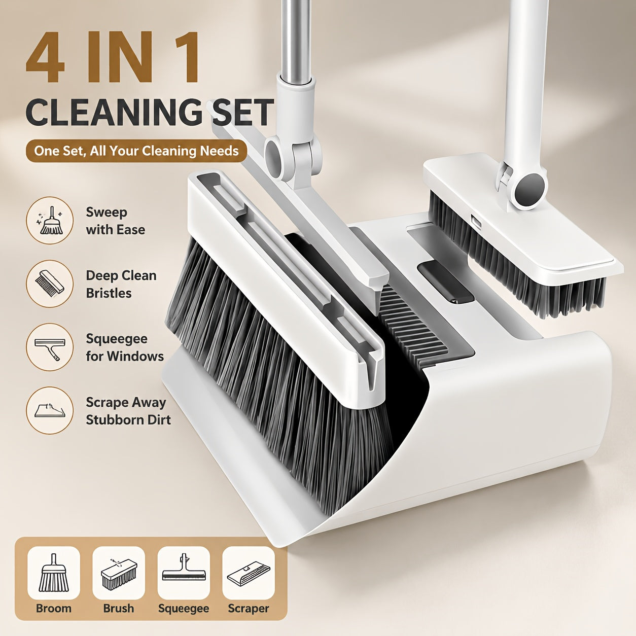 4-in-1 Broom and Dustpan Set with Long Handle – Floor Brush, Scrub Brush, Non-Stick Hair Sweeping Broom for Home Office School Dorm