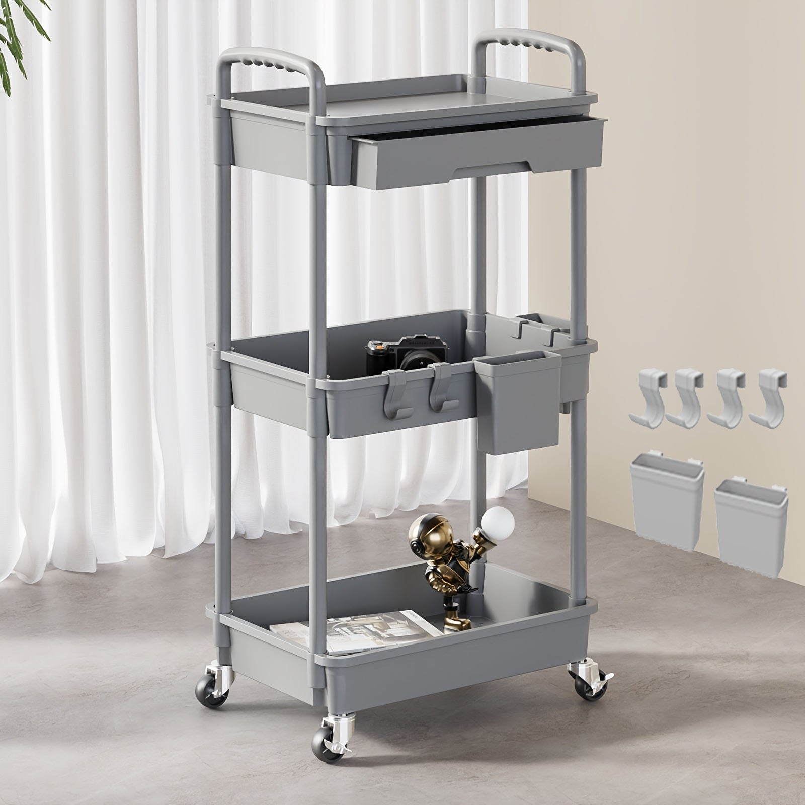 Rolling Storage Cart with Drawers & Hooks – 3 or 4 Tier, Wheels, Kitchen & Bathroom