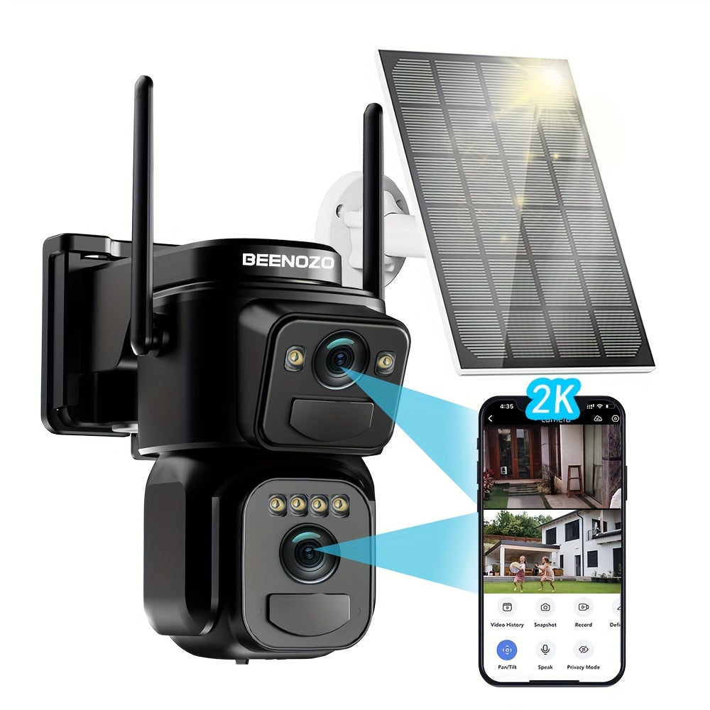BEENOCAM [10x Zoom] 360° Low-Power CCTV Solar Panel Battery 2K QHD WiFi Camera with Spotlight Alarm, Motion Detection, Color Night Vision & Two-Way Audio – One Device = Two Cameras (Solar Bullet + PTZ)