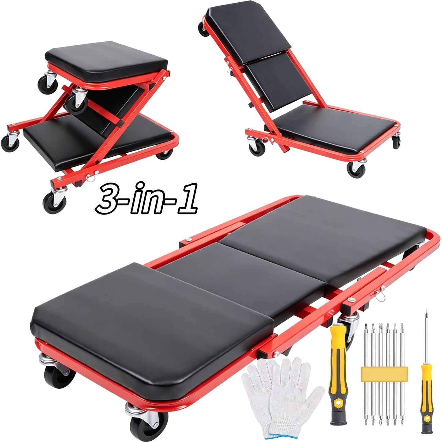 Mechanic Creeper Seat with Rolling Tool Tray – Adjustable Folding Garage Chair, 36" Z-Track, Heavy-Duty Wheels, Padded Seat – Auto Repair Stool for Workshop, Home Garage Canada