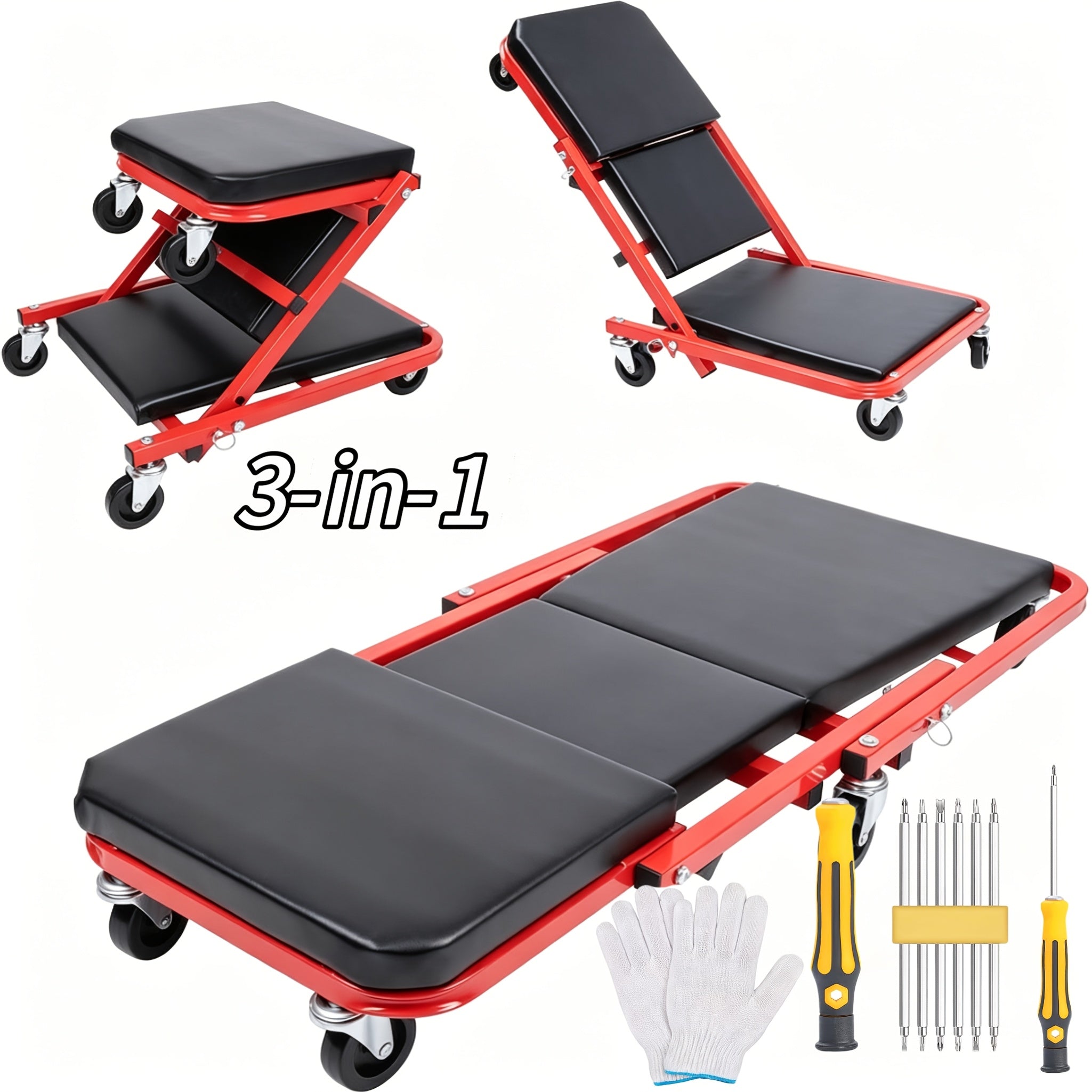 Mechanic Creeper Seat with Rolling Tool Tray – Adjustable Folding Garage Chair, 36" Z-Track, Heavy-Duty Wheels, Padded Seat – Auto Repair Stool for Workshop, Home Garage Canada