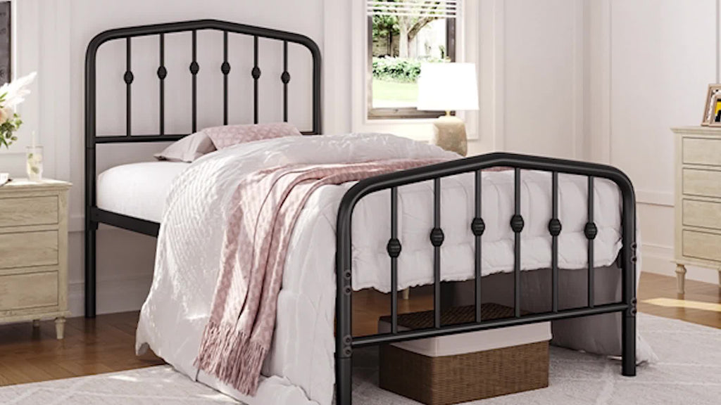 ALDEN DESIGN Bed Frame, Modern Metal Bed Frame with Arched Headboard & Foot Board, Metal Bed Frame, Spacious Under bed Storage Space, Heavy Duty Slat Support, No Box Spring Needed, Queen/Full/Twin, Black/White