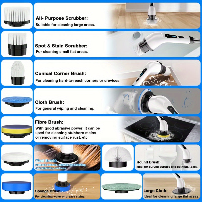 Electric Spin Scrubber for Cleaning, Electric Rotating Floor Washer, Wireless Shower Floor Scrubber, Replaceable 9 Brush Heads, 2 Speed And Adjustable Extension Handle, Kitchen Gadgets Suitable for Bathtub, Tile Floor, Glass, Car