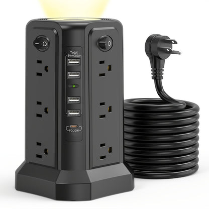 Tower Surge Protector Power Strip 17-in-1 – 8.8FT Extension Cord, 12 AC Outlets, 5 USB Ports with PD 18W USB-C, Surge Protection for Home Office Dorm & Business, Grey