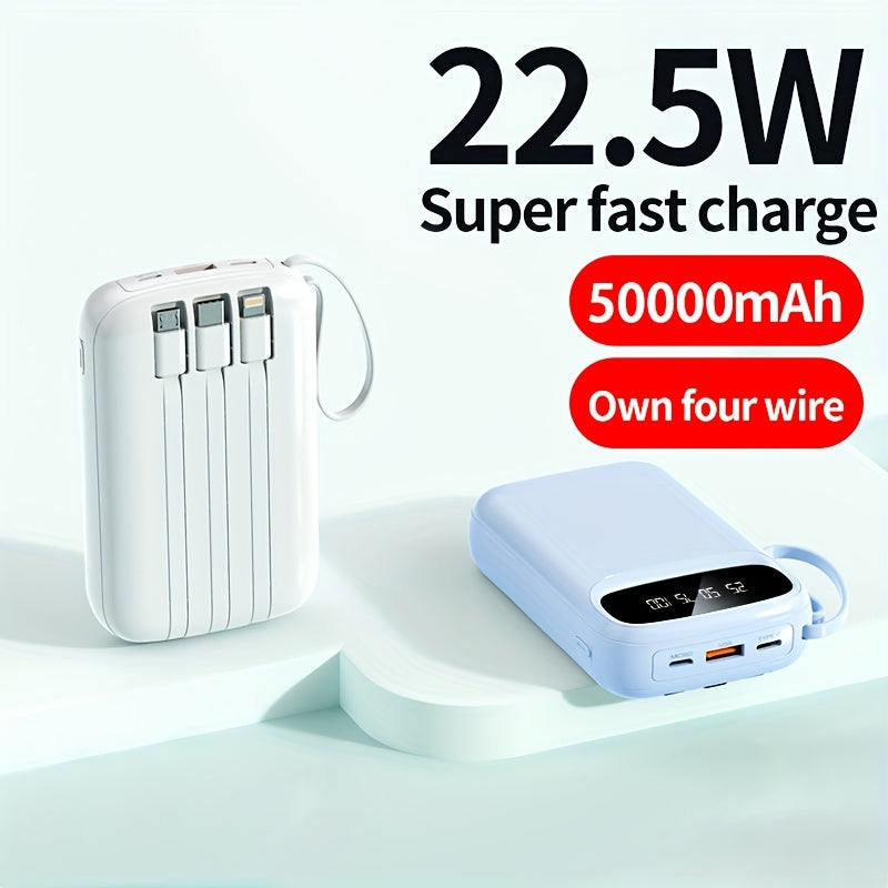 50000Mah Portable Large Capacity Mobile Power Bank, Comes with Four Data Cables/Lanyard/Led Power Display, Suitable for Fast Charging of Mobile Phones Such As Iphone/Android And Digital Electronic Products, Outdoor Portable Emergency Power Bank