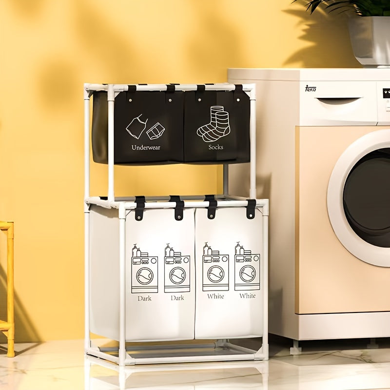 2-Tier Laundry Sorting Basket, Large Size with 4 Removable Bags, Small Size with 2 Removable Bags, for Organizing Clothes, Laundry Room, Bedroom - White, Shelves