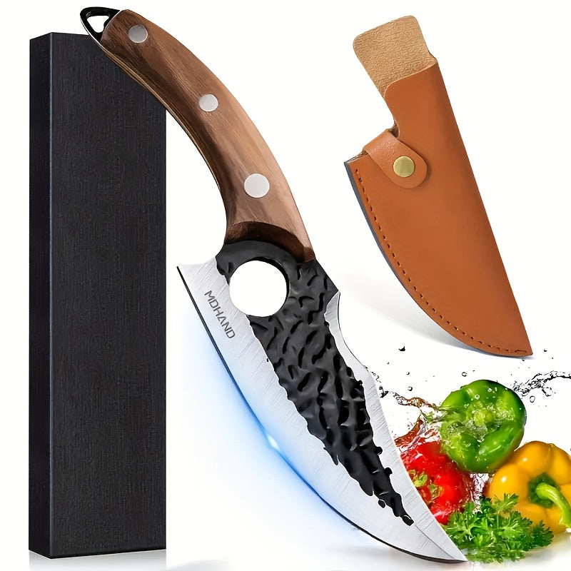 Hand-forged Chef's Knife with Hammered Pattern, Full-tang Curved Handle, Includes Leather Sheath And Gift Box; Ideal for Meat, Fish, Vegetables, Professional Outdoor Use, Stylish, Sturdy Riveted Handle