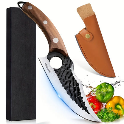 Hand-Forged Chef Knife with Hammered Pattern Blade, Full-Tang Curved Riveted Handle with Leather Sheath & Gift Box, Professional Kitchen Knife for Meat Fish Vegetables, Outdoor Camping BBQ