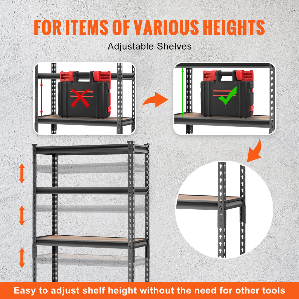 VEVOR Storage Shelving Unit, 5-Tier Adjustable, 2000 lbs Capacity, Heavy Duty Garage Shelves Metal Organizer Utility Rack, Black, 30" L x 12" W x 60" H /36" L x 18" W x 72" H for Kitchen Pantry Basement Bathroom Laundry