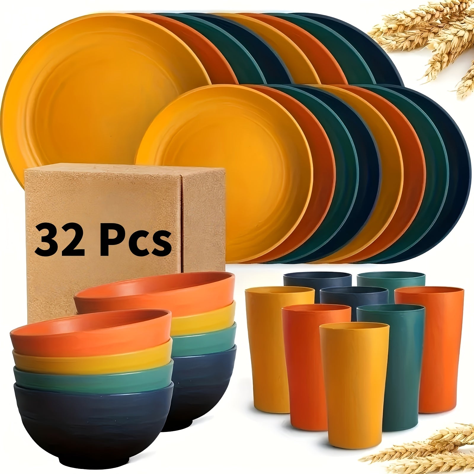 16/32pcs Plastic Dinnerware Set, Dinner Plates, Dessert Plates, Cereal Bowls & Cups, Dishwasher & Microwave Safe, Durable Lightweight – Camping, Family, RV & Outdoor Use – Black, White, Multicolour