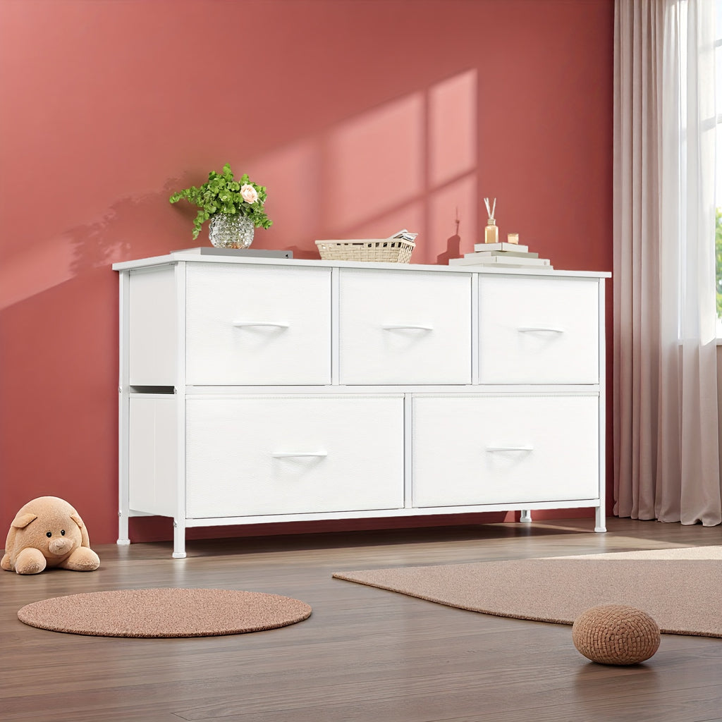 EUNOS Chest Of Drawers White with 5 Drawers Made Of Fabric, Sideboard with Wooden Top, Cupboard Wide for Living Room, Hallway, Dresser Cabinet, Kitchen Cabinet