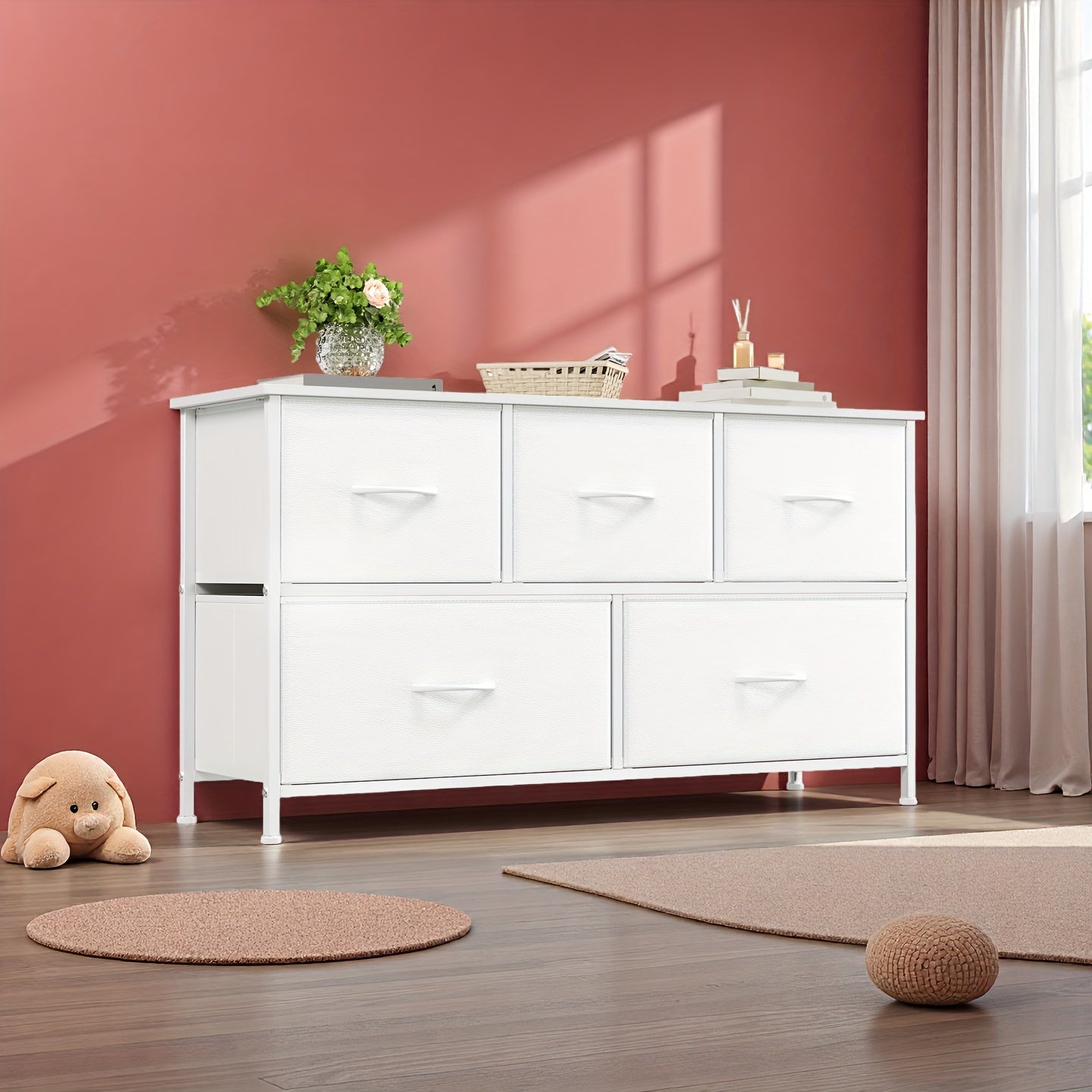 EUNOS Chest Of Drawers White with 5 Drawers Made Of Fabric, Sideboard with Wooden Top, Cupboard Wide for Living Room, Hallway, Dresser Cabinet, Kitchen Cabinet