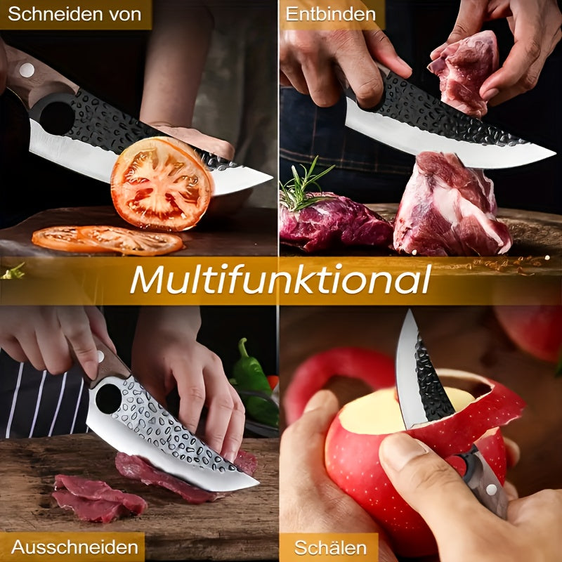 Hand-forged Chef's Knife with Hammered Pattern, Full-tang Curved Handle, Includes Leather Sheath And Gift Box; Ideal for Meat, Fish, Vegetables, Professional Outdoor Use, Stylish, Sturdy Riveted Handle