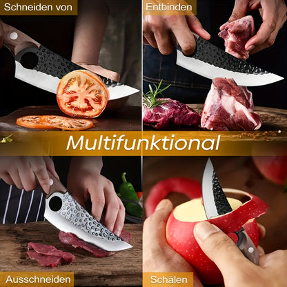 Hand-Forged Chef Knife with Hammered Pattern Blade, Full-Tang Curved Riveted Handle with Leather Sheath & Gift Box, Professional Kitchen Knife for Meat Fish Vegetables, Outdoor Camping BBQ