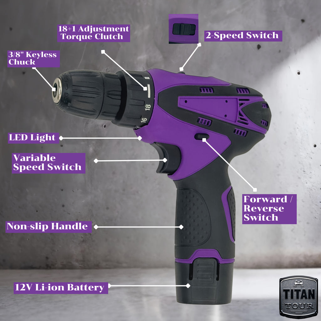 Industrial Drill Set: Purple (1B1C) OR Yellow (2B1C) | 12V Brushless Motor | 18+1 Precision Torque | 3/8" Metal Chuck | Line Maintenance/Steel Work | Long Runtime + Quick Swap