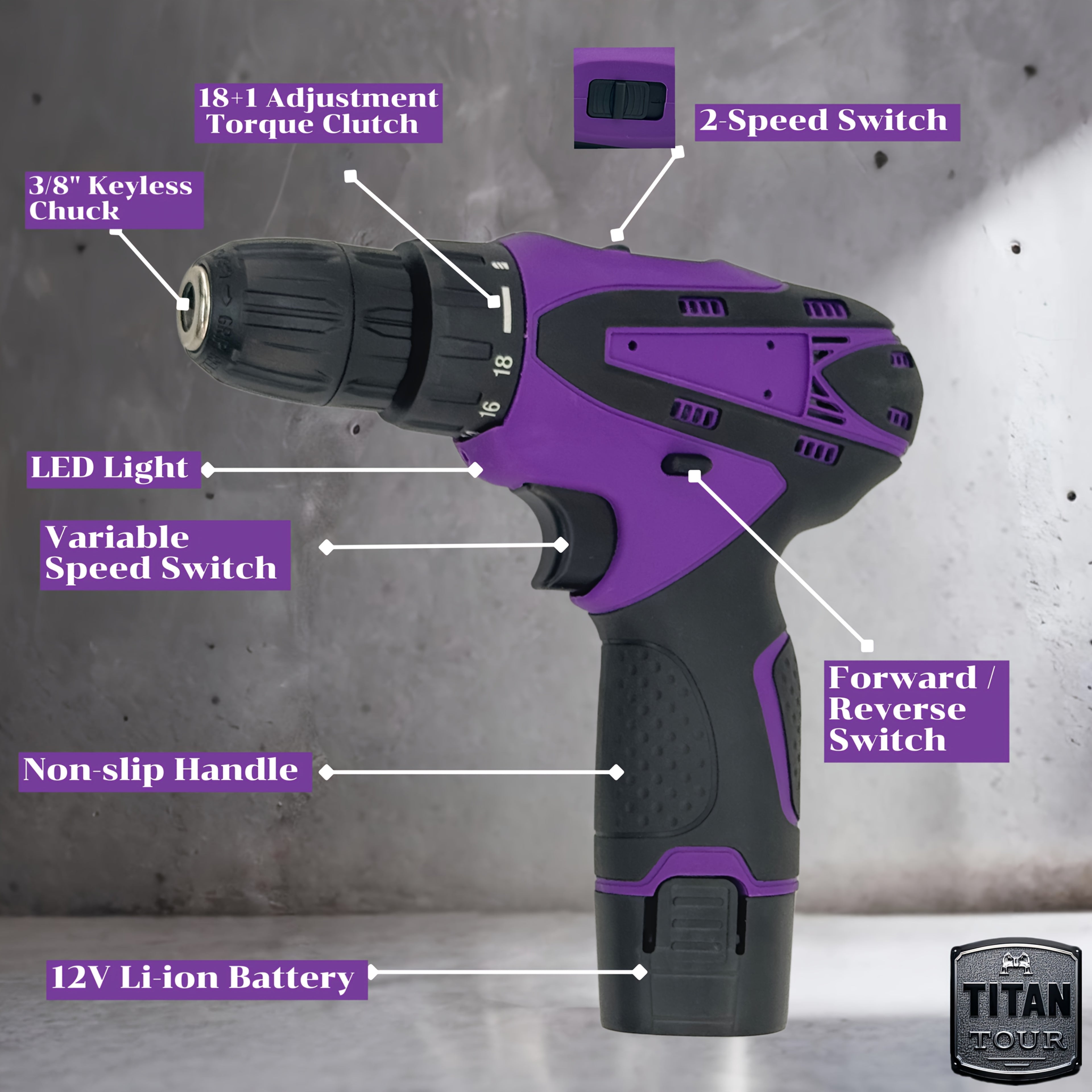 Industrial Drill Set: Purple (1B1C) OR Yellow (2B1C) | 12V Brushless Motor | 18+1 Precision Torque | 3/8" Metal Chuck | Line Maintenance/Steel Work | Long Runtime + Quick Swap