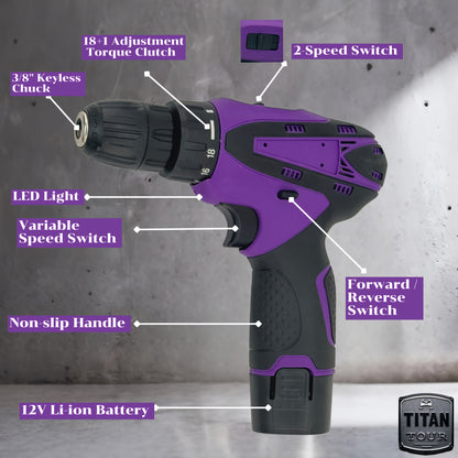 12V Brushless Cordless Drill Set 18+1 Torque Settings, 3/8" Metal Chuck Industrial Power Drill, Long Runtime Quick Swap Battery, Line Maintenance Steel Work (Purple 1B1C / Yellow 2B1C)