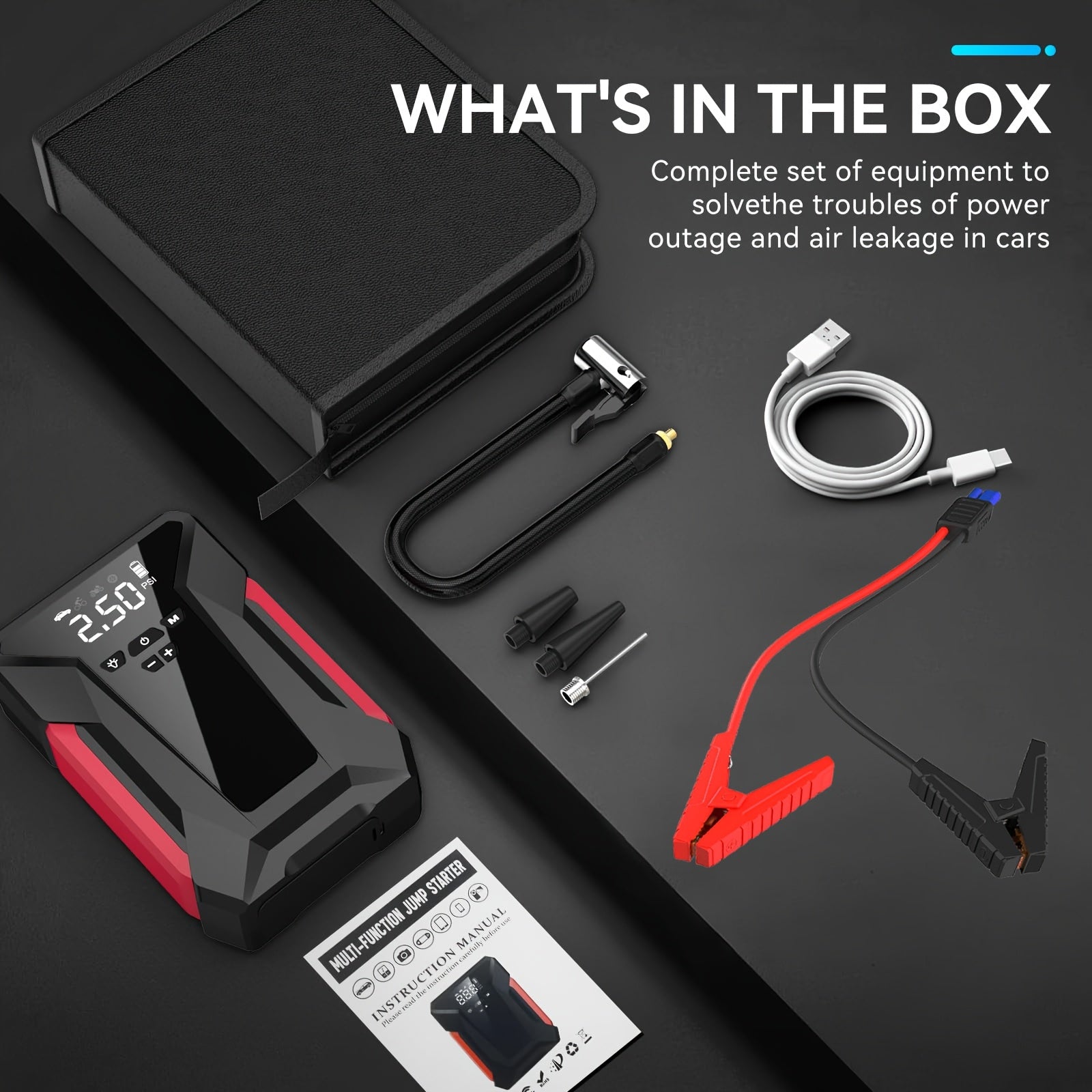 Jump Starter with Air Compressor, 7000A Portable Car Battery Jump Starter (2.64gal Gas/2.25gal Diesel), Battery Charger Booster, 150PSI Auto-Shutoff Tire Inflator, Portable Jumper Cables, LED Light, High-Capacity Power Bank