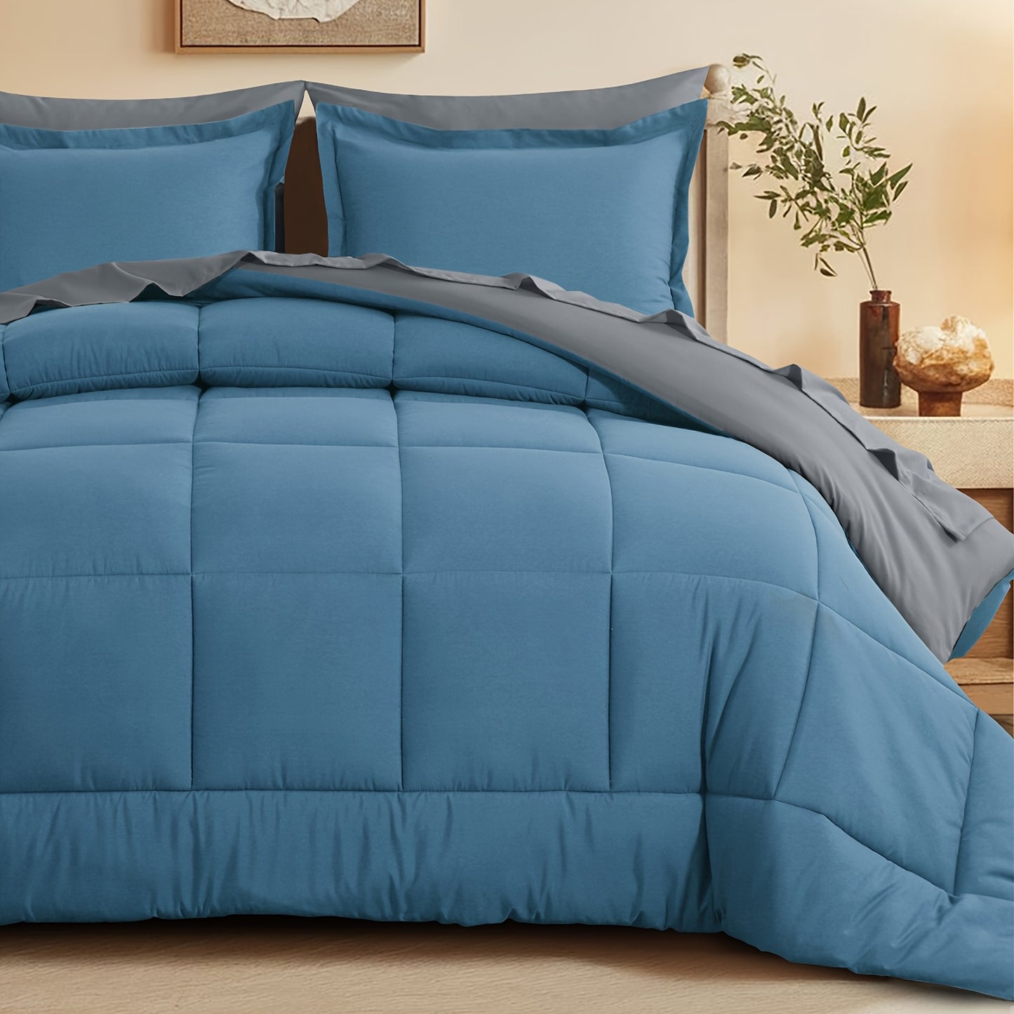 7pcs Reversible Bedding Set Soft Microfiber – Lightweight Breathable Comforter Flat Sheet Fitted Sheet & Pillowcases, All-Season Family Bedding Gift Set