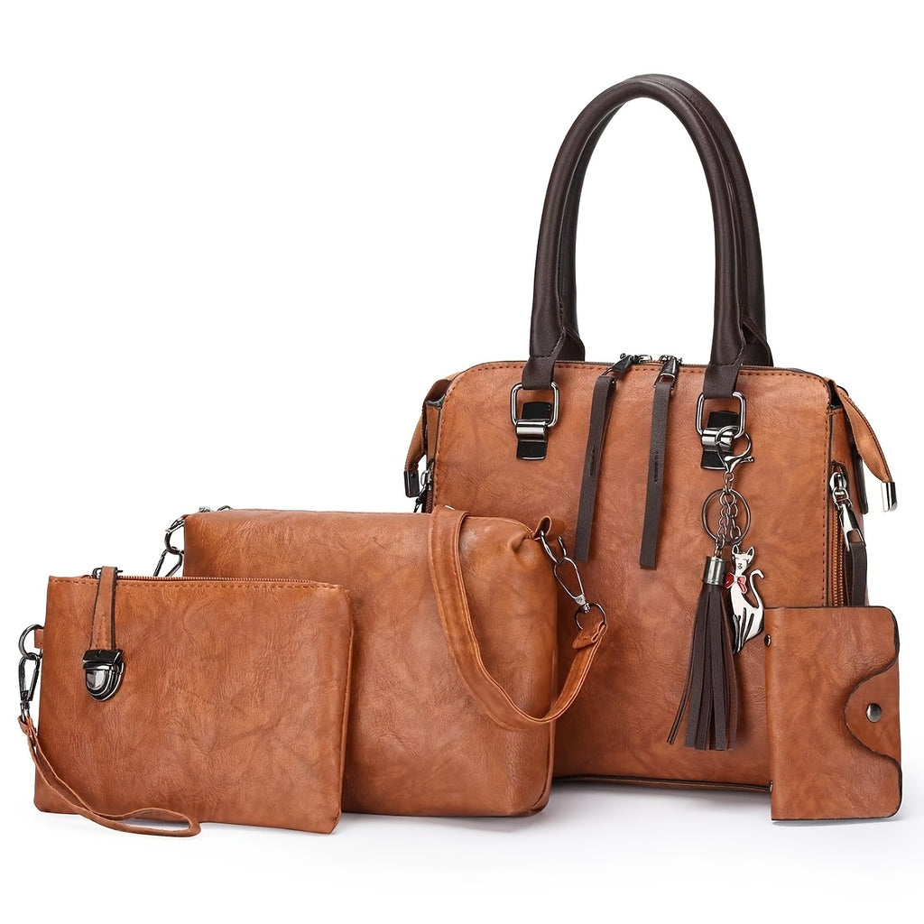 Fashionable And Versatile 4pcs Women'S Bag Set, Retro Tote Bag, Crossbody Shoulder Bag, Handbag, Wallet, Oil Wax PU Tassel Tote Bag, Meeting The Needs of Daily Commuting, Travel, for Best Birthday Gifts, Christmas And Valentine'S Day Gifts