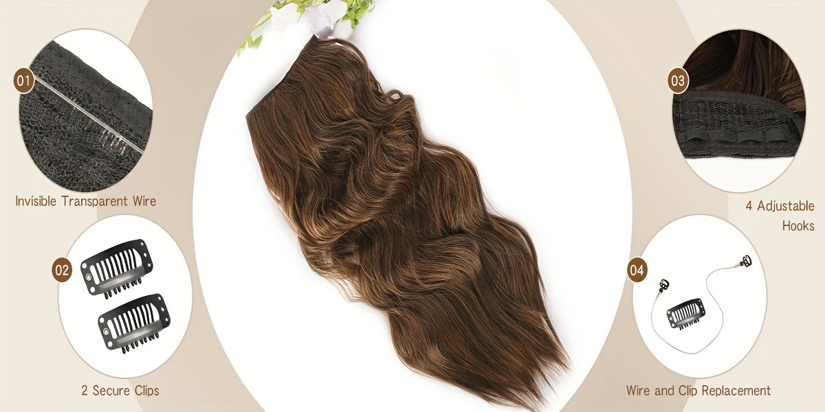 Invisible Wire Hair Extensions 20 Inch – Transparent Wire Long Wavy Synthetic Hairpiece with Secret Headband & Clips for Women, Dark Ash Blonde Mixed Bleach Blonde