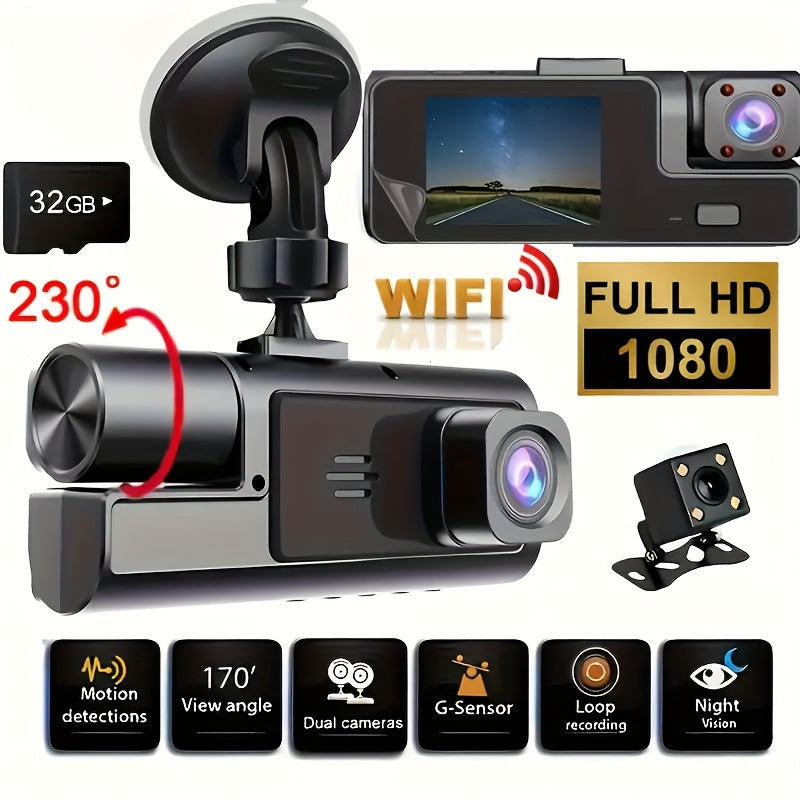 Dual Dash Cam Front 1080P And Cabin 720P, 170° Wide Angle, Night Vision, 24H Parking Monitor, G-Sensor, Loop Recording, Suction Cup Mount, Vehicle Recording, Compact Design, Reliable Recording, Longdistance Drivers, Christmas And Halloween Gift