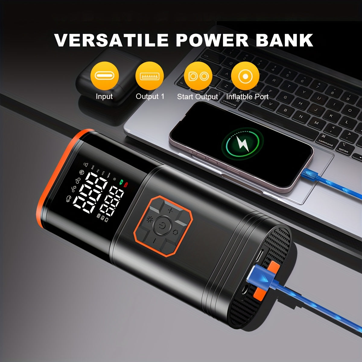 7000A Peak 12V Portable Emergency Jump Starter with Air Compressor, -C Fast, 12V Battery Charger, LED Light, Mobile Power Source, And Tire Inflator - 5-In-1 Multifunctional Emergency Power Unit, Plug Adapters, 24V/48V Input, 12V Output