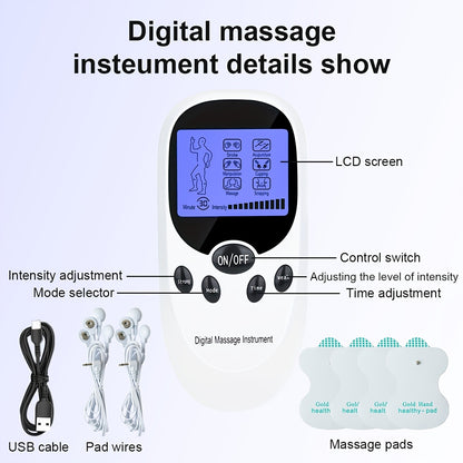 TENS + EMS Dual Channel Pulse Massager with 8 Electrodes – Portable Pain Relief Device, Therapeutic EMS Muscle Stimulator, Ergonomic Compact Design for Back Neck Shoulder
