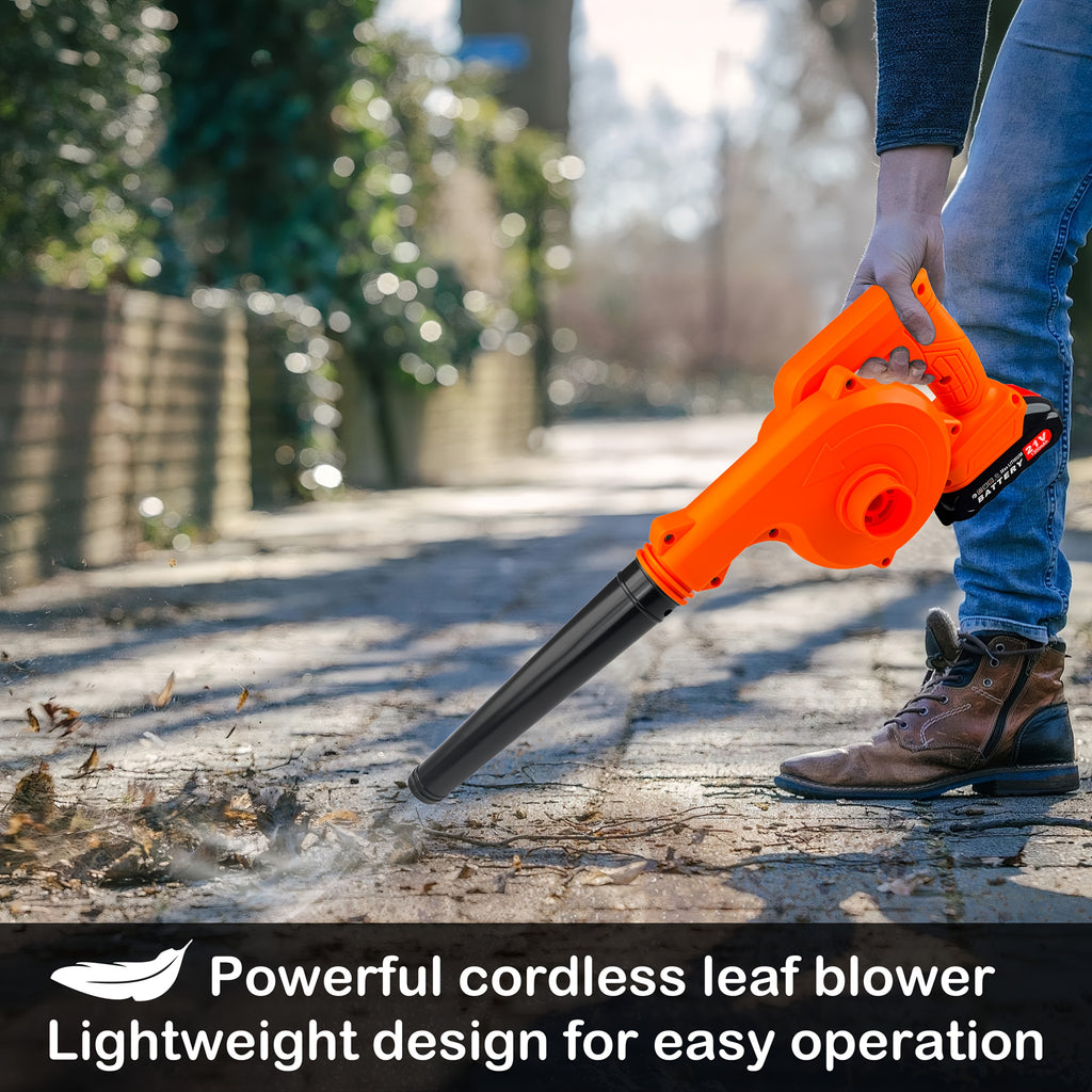 This 2-In-1 Leaf Blower Is a Handheld Blower with a High-Capacity Lithium Battery. It Can Switch Between Blowing And Suction, Is Lightweight And Portable, And Has a Long Battery Life. Suitable for Indoor, Patio, Car, And Outdoor Use