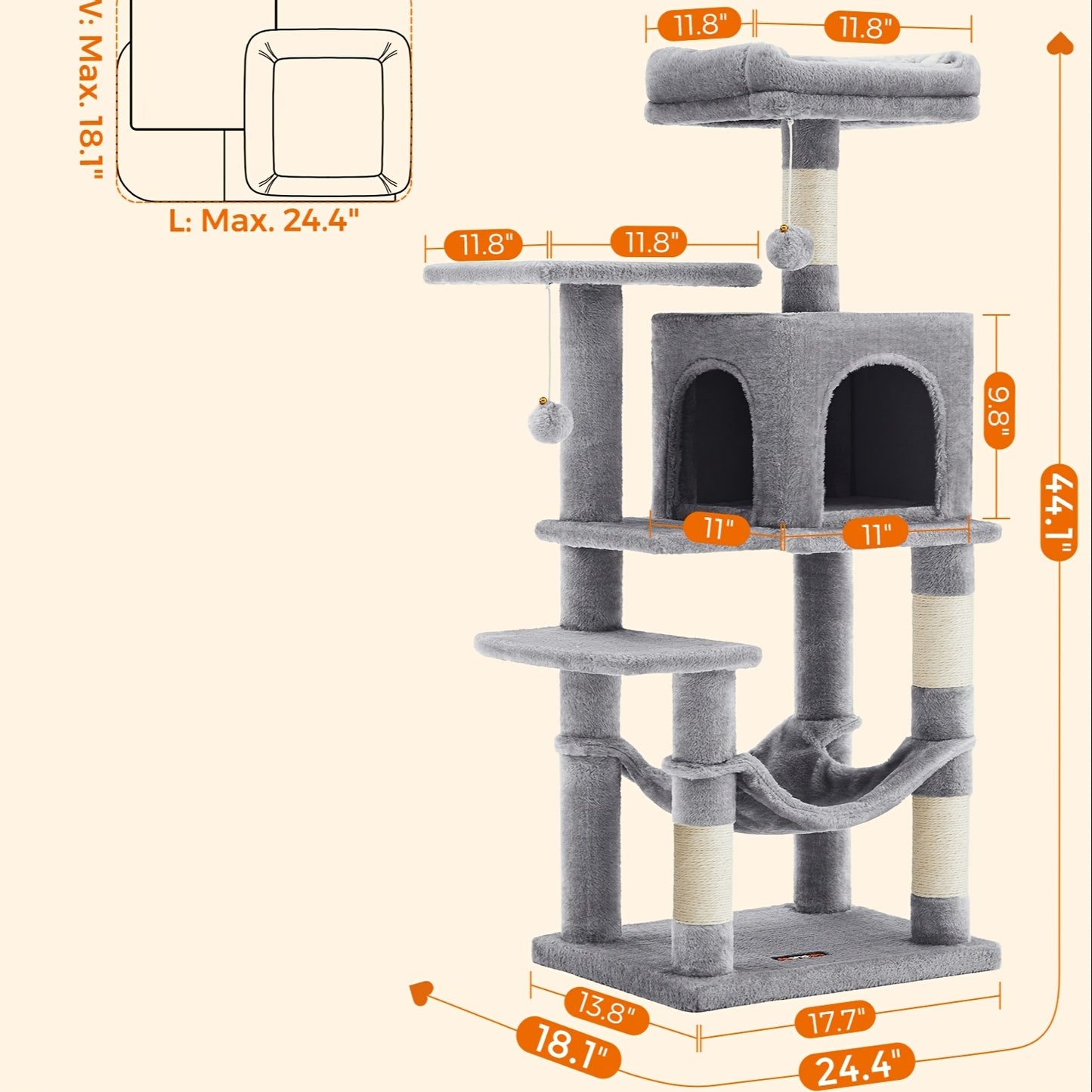 44-Inch Multi-Level Cat Tree Tower with Scratching Posts – Indoor Cat Condo with Hammock, Cave, Perches & Pompoms for Kittens & Adult Cats