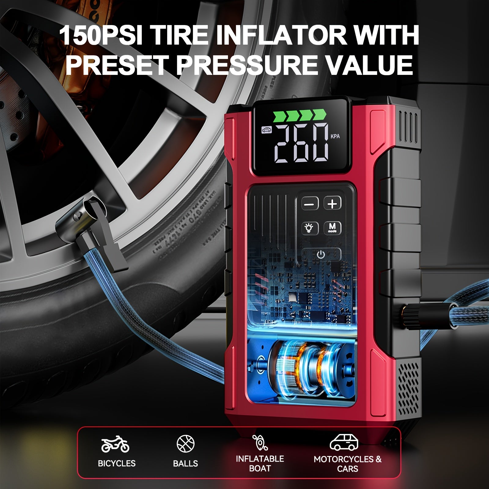 7000A Car Portable Wireless Car Air Compressor, Jump Starter With AirCompressor, Battery Jump StarterPortable Peak, Car Battery Charger Portable For12V(2.11gal Gas/1.72 gal Diesel) UsB Input/output, LED Emergency, Car Accessories Too