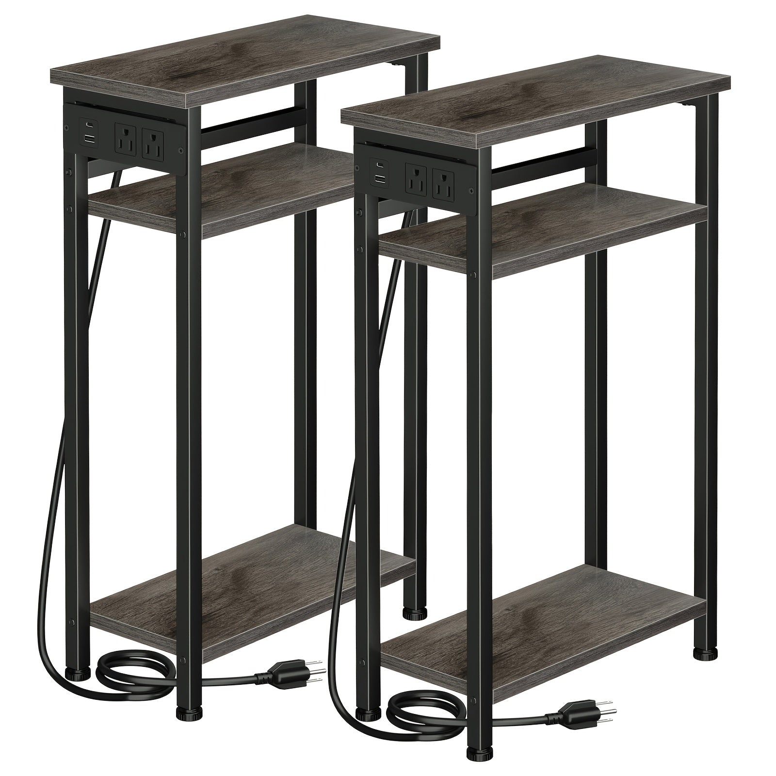 Narrow Side Table with Charging Station – 3 or 4 Tier, 2 USB + 2 Outlets, Small Space