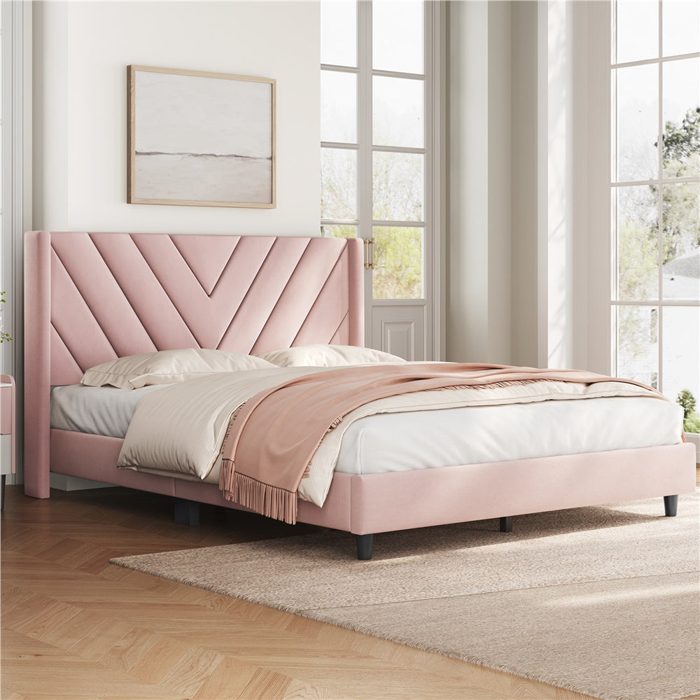 Upholstered Platform Bed with Tufted Headboard Wing Edge Wooden Slats Queen Full Bed Frame 800lb Capacity Beige Dark Gray Light Gray Pink - Canada