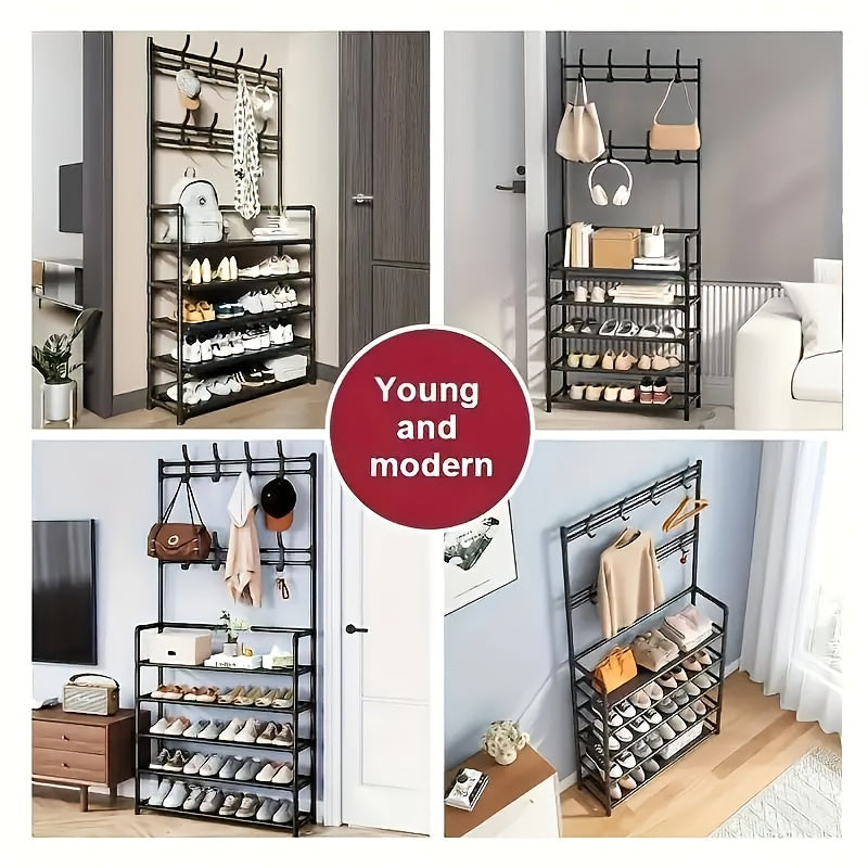 23.62 Inch/172cm 5-Tier Multi-Functional Storage Rack with 8 Double Hooks, Multi-Functional Clothes Hanger and Shoe Rack, Self-Assembly Shoe Rack Storage Box for Living Room, Bathroom, Hallway